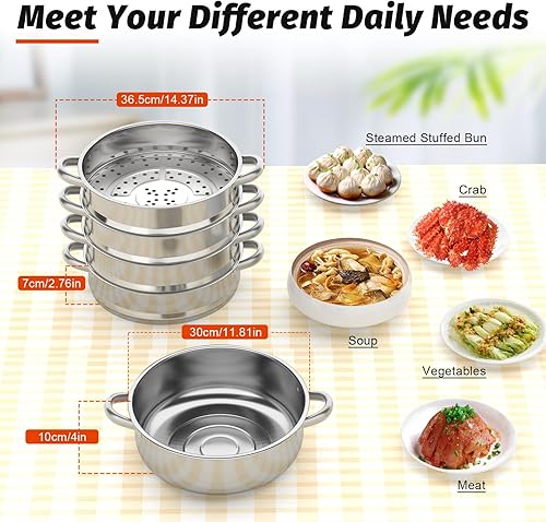 Cuiseur vapeur en acier inoxydable 5 couches, casserole de cuisson à vapeur de 30 cm avec couvercle en verre, kit de cuisine à vapeur à fond plat, poignées anti-chaleur, argent - Nail Gallerys