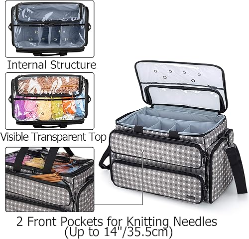 Yarwo Sac à Tricoter, Sac de Rangement pour Laine, Aiguille à Tricoter, Organisateur avec Multiples Poches pour Accessoires du Tricotage, Pois Gris, Sac Vide - Nail Gallerys