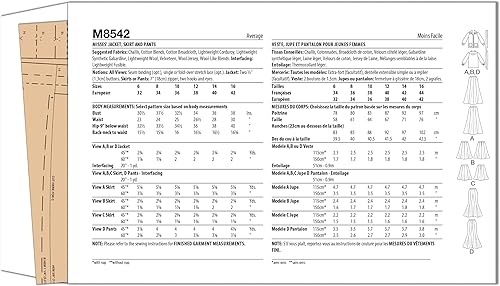MCCALLS Sewing Patten M8542A Veste, jupe et pantalon pour femme Taille 34-38-40-42-44 - Nail Gallerys