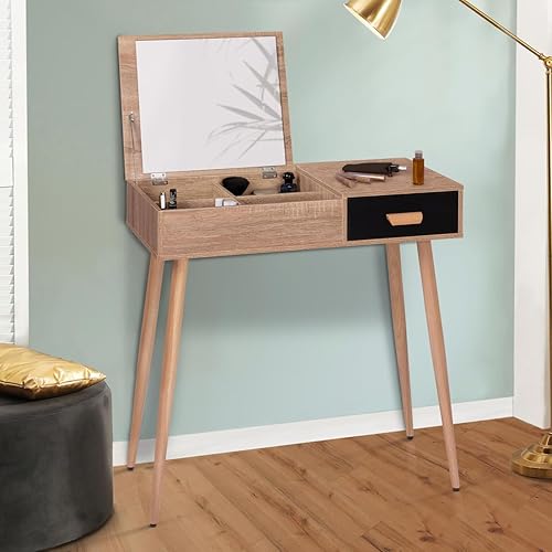 IDMarket - Coiffeuse scandinave Lisa Miroir Rabattable hêtre et Noir - Nail Gallerys