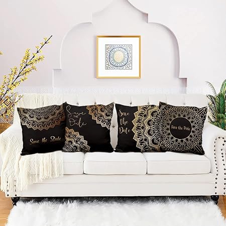 Aoihrraan 46x46cm Lot de 4 Housse de Coussin Bleu Foncé Bohémien Mandala Fleur Indien Hippie Style Bohème Lin De Coussincarré Taie d'oreiller Été Decoration Chambre Salon Extérieur Jardin Canapé - Nail Gallerys