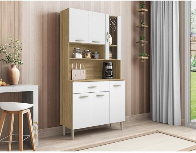 ACTUAL DIFFUSION Buffet de Cuisine 6 Portes 1 Tiroir Chêne et Blanc L 90.9 H 173.5 P 36.3 cm - Nail Gallerys