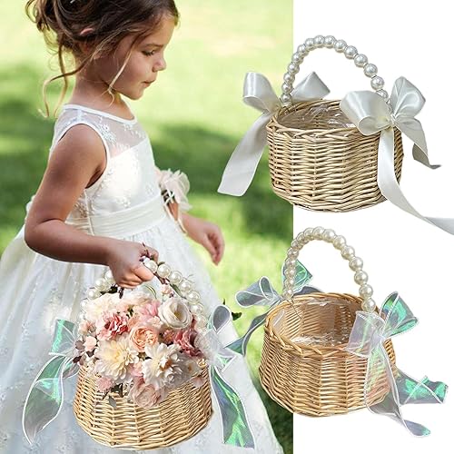 Paniers À Fleurs En Osier | Corbeilles Osier Avec Anse | Petit Panier En Osier Pour Fille De Mariage | Paniers De Fille De Fleur En Rotin Avec Poignée En Perles Et Ruban - Nail Gallerys