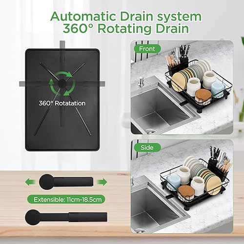 Cozary Egoutoire Vaisselle Cuisine avec Bec Rotatif 360°, Égouttoir à Vaisselle avec Porte-ustensiles, Range Vaisselle Egouttoir en Acier Carbone avec Drainage Automatique(43x33x15cm) - Nail Gallerys