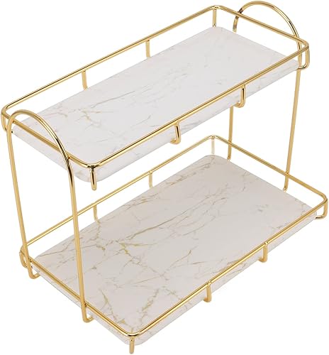Étagère de rangement pour salle de bain, cosmétique, organiseur à 2 étages, étagère à parfum, comptoir de sol, support de sol blanc doré, support de salle de bain pour parfums, bijoux, plats, plateaux - Nail Gallerys