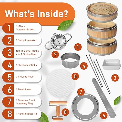 COOL DESIGN Set de cuisson à la vapeur, Panier vapeur Bambou reforacée, tout ce dont vous avez besoin pour faire des gyozas, des dumplings, Panier vapeur Bambou, cuisine saine - Nail Gallerys