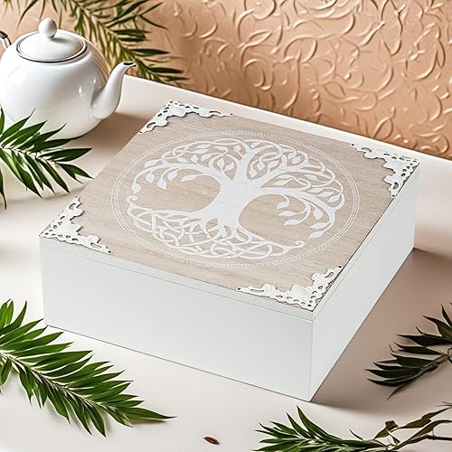 WPAJIRZO Boîte à thé en bois blanc avec motif arbre de vie | Boîte à thé 9 compartiments | Boîte cadeau pour femmes, hommes, amateurs de thé - Nail Gallerys