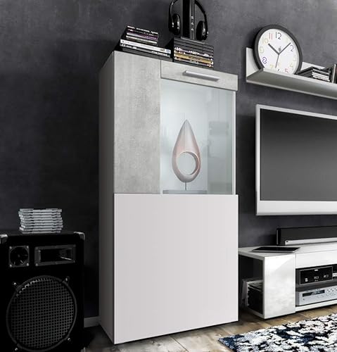 Vladon Vitrine de cinéma, Blanc Mat/Blanc Haute Brillance - Vitrine Moderne en Verre - (LxHxP) : 50,5 x 111 x 32,5 cm - Nail Gallerys