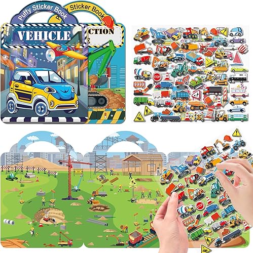 Elfew Lot de 2 Livre d'Autocollants 3D pour Enfants âgés de 2, 3, 4 ans, Autocollants Réutilisables Voitures, Chantier de construction livres d'autocollants, Autocollants Créatifs pour Enfants 2-8 Ans - Nail Gallerys