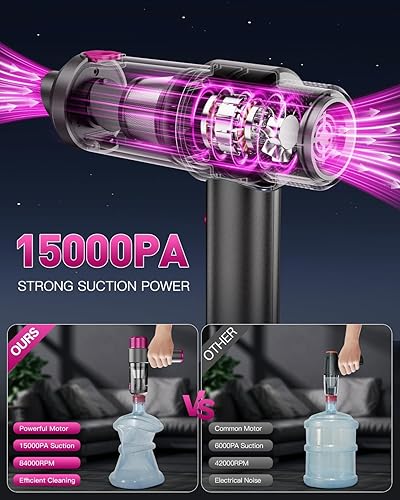 Lambluefly 4-en-1 Aspirateur Voiture Puissant sans Fil, 15KPA Mini Aspirateur a Main sans Fil, Double Système de Filtration, Lumière LED, pour Souffleur Air Comprimé Nettoyage PC, Voiture & Bureau - Nail Gallerys