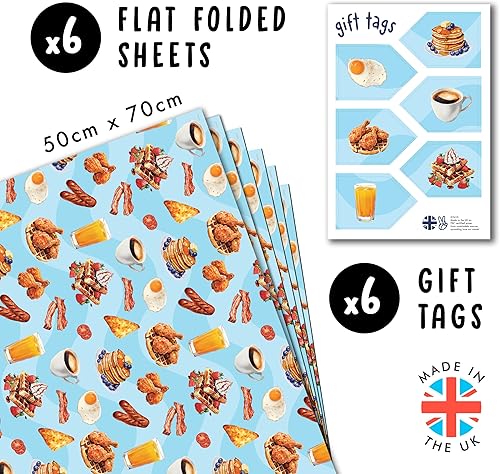 Papier cadeau anniversaire amusant pour homme et femme – 6 feuilles de papier cadeau – Thème petit-déjeuner américain – Papier cadeau bleu – Livré avec autocollants – Par Central 23 - Nail Gallerys