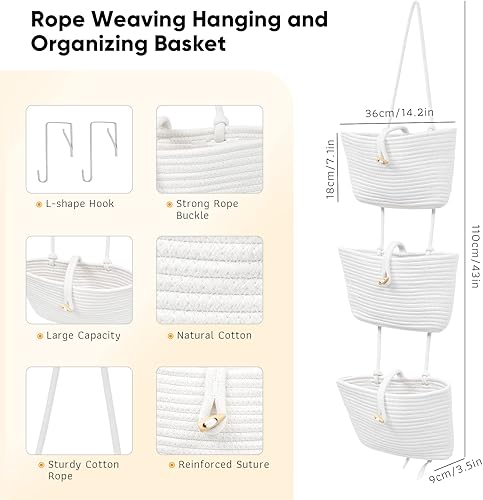 Ntmaichy Organiseur Mural à Suspendre pour Porte, Panier à Fruits tissé en Corde de Coton à 3 Niveaux avec 2 Crochets, Panier à légumes, décoration bohème pour Mur, Salon et Chambre à Coucher(White) - Nail Gallerys