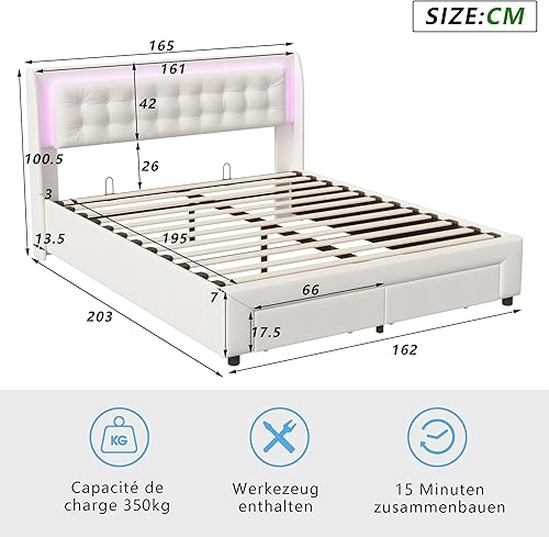 KRYZOR Lit Coffre 180 x 200 avec LED, Lit Double rembourré avec 2 tiroirs, Lits 2 Personnes, Cadre de Lits avec sommier à Lattes, pour Adultes et Adolescents, Velours (180x200 cm) - Nail Gallerys