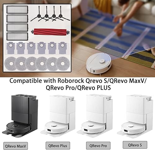 Geoviizon Kit d'accessoires pour robot Roborock Qrevo S/QRevo MaxV/QRevo Pro/QRevo PLUS Pièces de rechange 1 brosse rouleau principale, 4 filtres HEPA, 5 serpillères, 4 brosses latérales, 5 sacs à - Nail Gallerys