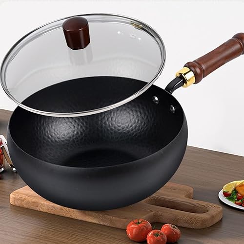 Poêle Wok Antiadhésive, Wok Ménager En Fonte Naturelle Avec Couvercle Et Poignée En Bois, Poêle Antiadhésive, Revêtement Antiadhésif Résistant À La Chaleur Pour Les Types De Plaques De Cuisson - Nail Gallerys