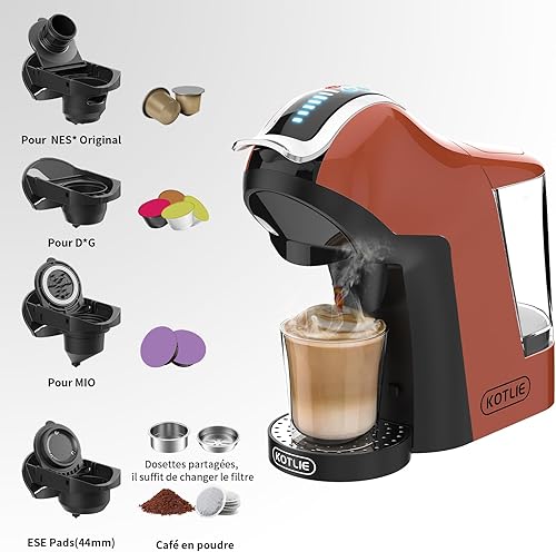 KOTLIE EM-308A Machine à café multifonctionnelle, compatible avec différentes marques de capsules de café/dosettes ESE (44 mm)/poudre de café (Rouge-orange) - Nail Gallerys