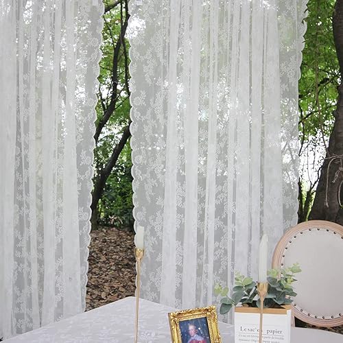 BTTO Rideau Voilage en Dentelle Broderie Florale, Lot de 2 Rideaux de Fenêtre élégante avec Embrasse, Rideaux Transparente Blanc pour Salon, Balcon, Décoration de scène de Mariage, L150 x H270 cm - Nail Gallerys