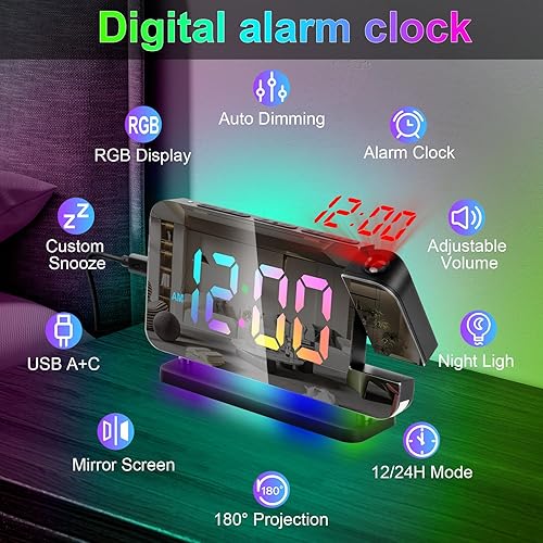 Mapille Réveil à Projection, Horloge Numérique avec Projecteur Rotatif à 180°, Affichage LED 11 Couleurs, 10 Veilleuse RVB, Luminosité Réglables, Volume Variable et Snooze, Réveil Miroir Chambre - Nail Gallerys