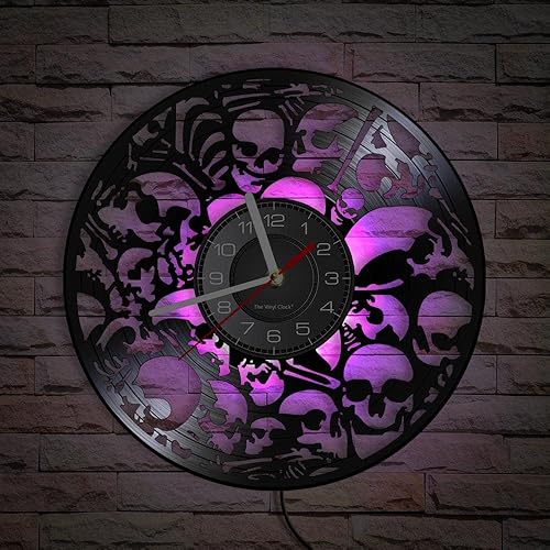Horloge en vinyle en forme de tête de mort avec fonction veilleuse LED, cadeau de décoration d'intérieur personnalisé - Nail Gallerys