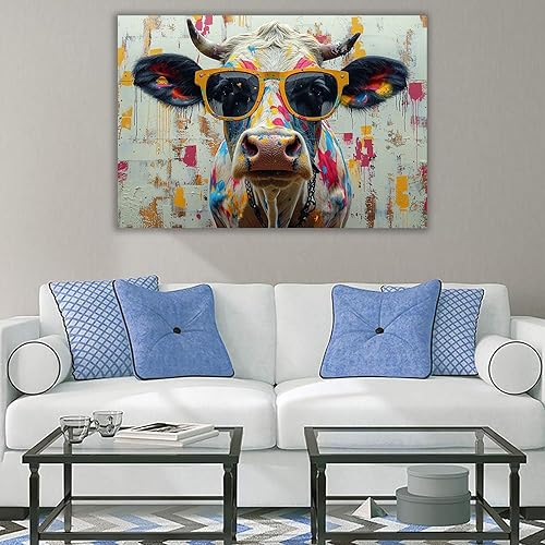 IEPOZWA Peinture Banksy Graffiti, Drôle de vache avec des lunettes Peintures Sur Toile Tableau Abstrait Murale Tableaux Art Moderne Salon à La Maison - 40x60cm Encadrée - Nail Gallerys