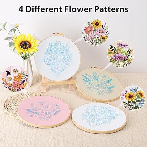 VynyQoo 4pcs Kit Broderie Debutant Motif Floral, Kit de Broderie fleurs, Fils à Broder Kit, Embroidery Kit Broderie Débutant avec Vidéo et Instructions, Kit de Broderie au Point de Croix pour Adultes - Nail Gallerys