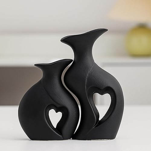 Lot de 2 Vases en Céramique en Forme de Cœur, Noir & Blanc, Vase Boho Moderne, Vases Creux Décoratifs pour Décoration d'Intérieur, Salon, Étagère, Cheminée & Table - Nail Gallerys