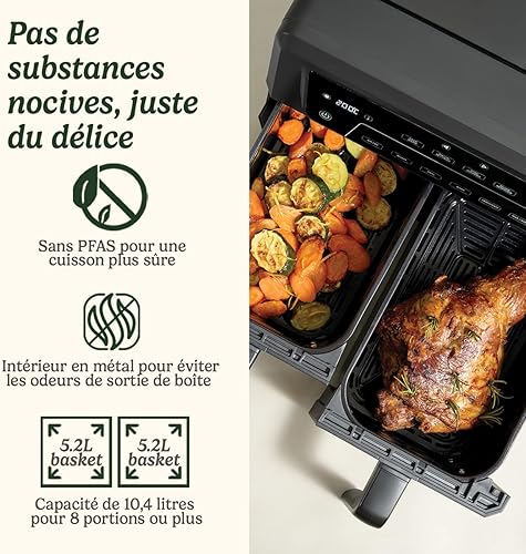 Cuisinart XXL Air Fryer Dual-Zone, Sans PFAS, Cuisson sans produits chimiques, Air Fry, Rôti, Gril, Patisserie, Déshydratation, Max Crisp, et Garder au chaud, Tiroirs doubles, 2 x 5.2L - Nail Gallerys