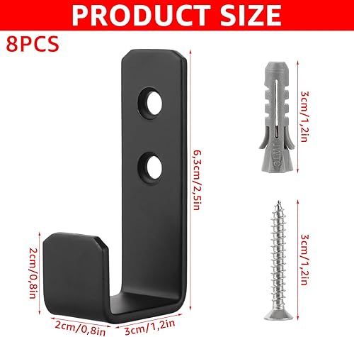 WOPPLXY Lot de 8 Crochets Muraux Robustes, Crochet Mural a Visser en J, Crochet Mural Universels en Acier Inoxydable pour Objets Encombrants (Noir) - Nail Gallerys