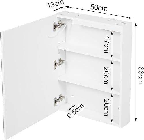 AxisFurn Armoire de salle de bain avec miroir et éclairage LED, armoire à miroir avec étagère réglable, porte droite, anti-buée, 50 x 66 cm, blanche - Nail Gallerys