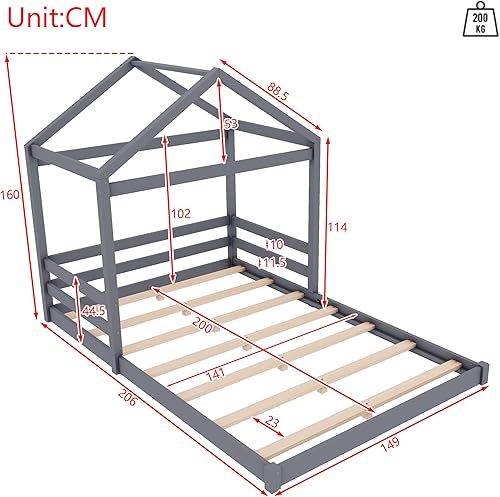 Seyakany Lit Cabane Enfants 140x200, Lit au Sol avec Sommier à Lattes, Lits Montessori avec Toit, Cadres de lit pour Enfants, Bois de pin, Gris - Nail Gallerys