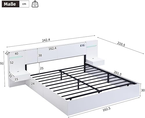 Zubaliya Lit 160x200 avec sommier à Lattes avec Port USB et LED,Cadre de lit 2 Personnes 160x200 avec 2 Tables de Chevet (sans tiroirs),avec Horloge électronique,Enceinte Bluetooth,Matelas Non Inclus - Nail Gallerys