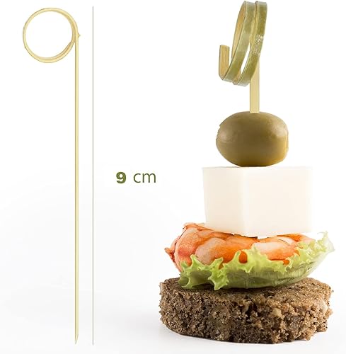 EXNIMA Lot de 300 bâtons en bambou pour cocktails et brochettes - Accessoires originaux pour fêtes et barbecues - Bâtons en bois réutilisables - Ustensiles de cuisine (9 cm, emballage en spirale 300) - Nail Gallerys
