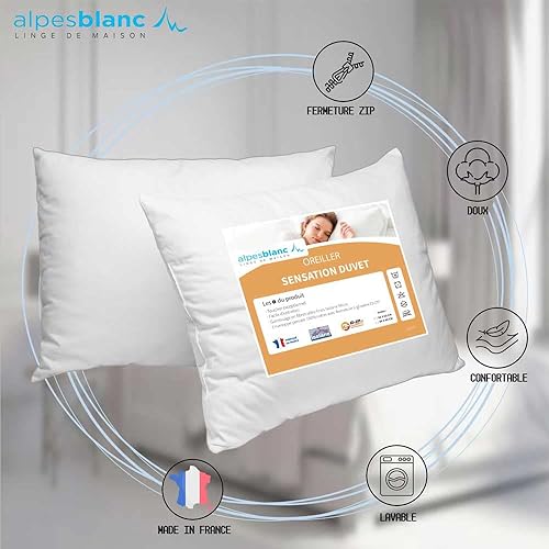 Alpes Blanc Lot 4 pièces- Oreiller Sensation Duvet et 2 sous taies d'oreillers en Coton/Pack 2 oreillers Sensation Duvet gonflant et Confortable + 2 Housses protège Oreiller (65_x_65_cm) - Nail Gallerys