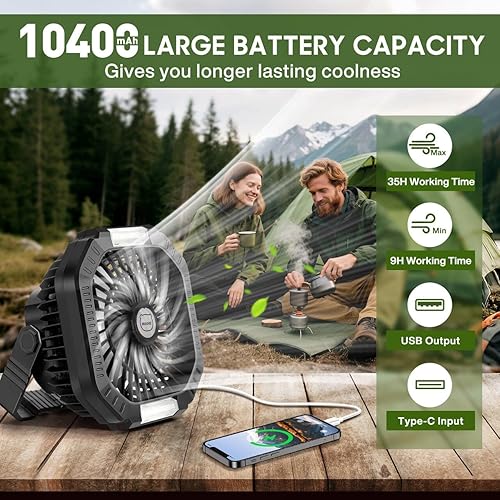 MIAOKE Ventilateur de camping, 10 400 mAh, ventilateur de table USB avec batterie, lumière intégrée, crochet, bracelet en paracorde, 4 vitesses, 3 réglages de minuterie, idéal pour chambre, camping - Nail Gallerys