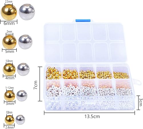 Gotetiso Perles Intercalaires Métal 2340 Pièces Perles d'Espacement Perles Rondes Lisses Petites ​Perles Métalliques Rondes Plaquées Petites Perles en Laiton Perles à Billes Rondes Or et Argent - Nail Gallerys