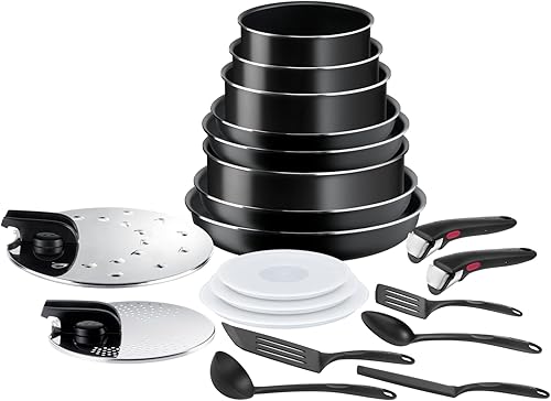 Tefal Ingenio Batterie de cuisine 20 pcs, Poêles, Casseroles, Sauteuse, Couvercles, Poignées & Ingenio Poignée amovible noire, Empilable, Verrouillage sécurité 3 points - Nail Gallerys