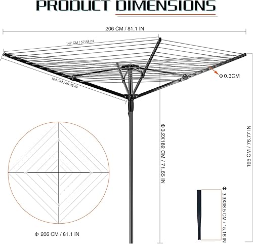 DPWEION Séchoir à linge rotatif à 4 bras 50 m pour extérieur/jardin portable avec piquet en métal (noir) - Nail Gallerys
