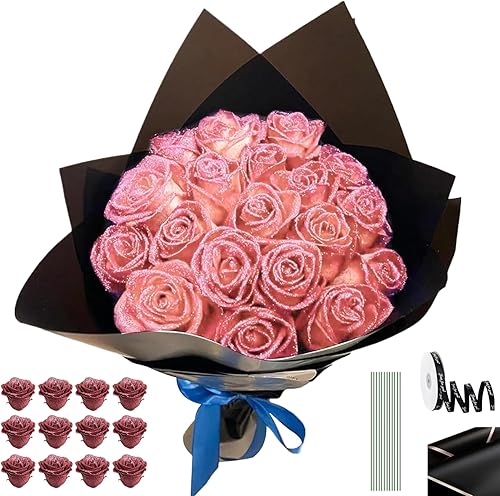 Bouquet de roses à paillettes, ensemble de bouquet rose artificiel réaliste comprend 12 fleurs, 12 tiges, 2 papier d'emballage et 2 ruban romantiques éternel fleurs pour le mariage, fleurs artificiel - Nail Gallerys