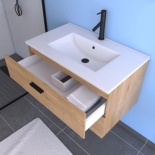 AURLANE Meuble Salle de Bain 80 cm Monte Suspendu Decor Bois H46xL80xP45cm - avec tiroirs - Vasque et Miroir - Nail Gallerys