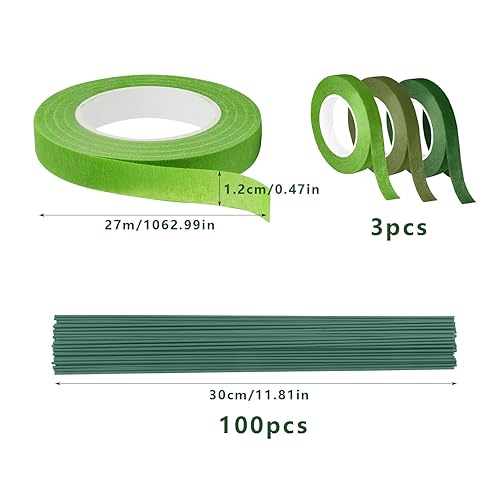 DBALL 3 Rouleaux Scotch Vert 100 Tiges Fil De Fer Fleuriste Trois Couleurs Différentes Scotch Fleuriste Pour Emballage De Bouquet Artisanat Floral (27M/Rouleau) - Nail Gallerys