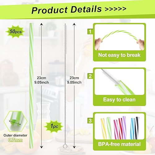 XULIERUX 50 Pailles Réutilisables, Pailles Plastique Avec Brosse De Nettoyage, Pailles Épaisses Pour Frappés Jus Cocktails Boissons Chaudes (Diamètre 0,28 Pouces, Longueur 9,06 Pouces) - Nail Gallerys