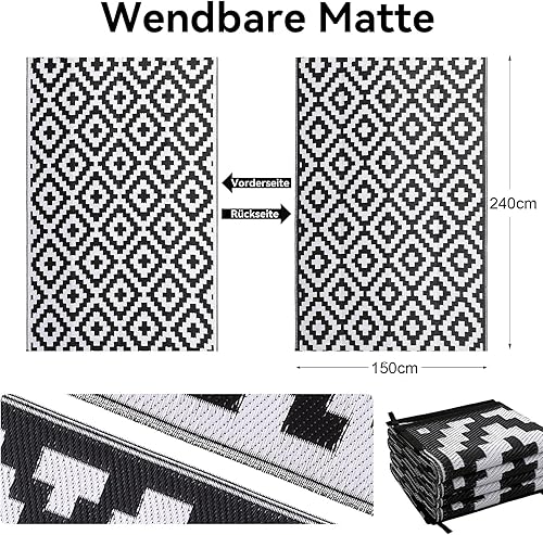 Homaxy Tapis d'extérieur résistant aux intempéries, en plastique, résistant aux UV, réversible, lavable, pour balcon, jardin, terrasse, camping, pique-nique (150 x 240 cm, noir et blanc) - Nail Gallerys