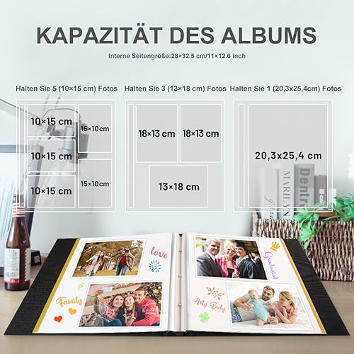 Benjia Album Photo Adhesif, Grand Format Lin Traditionnel Autoadhesif avec Autocollant Stylo pour 10x15 11.5x15 13x18 (Grand 40 Feuilles / 80 Pages, Noir) - Nail Gallerys