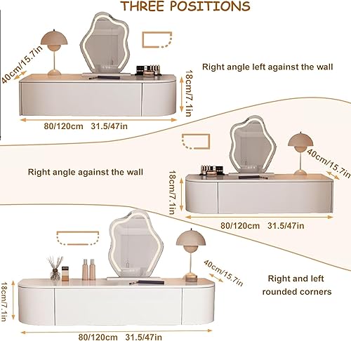 Bureau d'angle flottant avec tiroirs, table de maquillage flottante, petite coiffeuse murale flottante, ensemble de rangement mural, étagère flottante en bois avec tiroirs, coiffeuse blanche moderne - Nail Gallerys