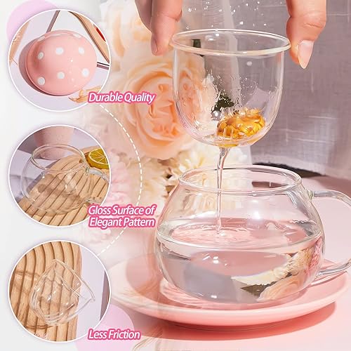 TUHNHGD Tasse Champignon Transparente, Verre à Cappuccino Avec Sous-Verre, Couvercle, Passoire à Thé, 290ml (Rose) - Nail Gallerys