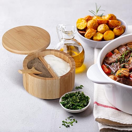 Relaxdays Boite à Condiments Couvercle et cuillère, 2 Compartiments, Bambou, HxD: 6,5x12,5cm, Fermeture aimantée, Nature - Nail Gallerys