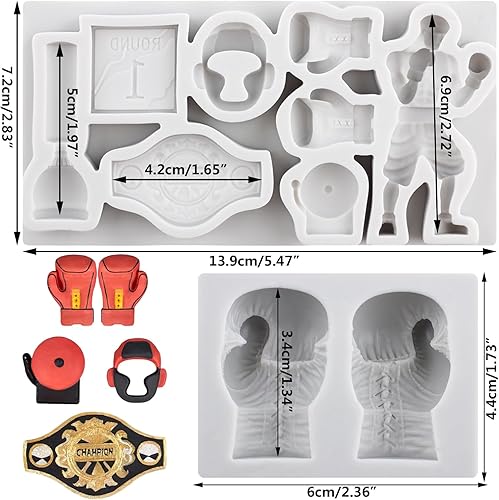 Sijiangmold Boxsport Lot de 2 moules en silicone Boxer Fondant Casque de boxe Gant Ceinture Moules pour décoration de gâteau Chocolat Cupcake Topper Bonbons Argile polymère Pâte à fleurs - Nail Gallerys