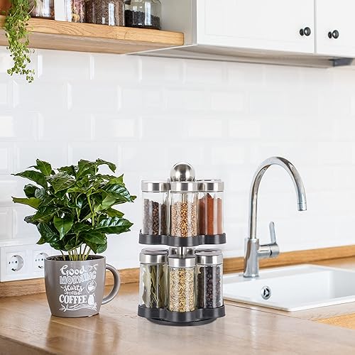 relaxdays Tourniquet à épices, 12 Pots, étagère rotative à 360°, INOX, Verre, HxD 25,5 x 14 cm, carrousel, Argent/Noir - Nail Gallerys