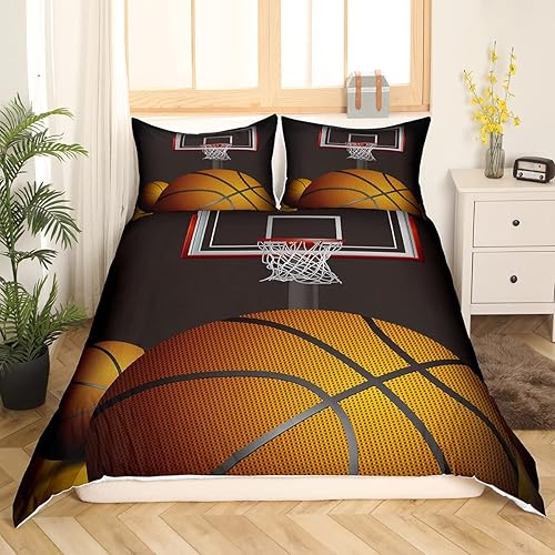Basketball Housse de Couette 3D Ball Pattern Parure de Lit 140x200cm Sports Parure Housse de Couette pour Garçons Filles Ados Chambre Décor Joueur de Basket Orange Noir avec 1 taie d'oreiller - Nail Gallerys