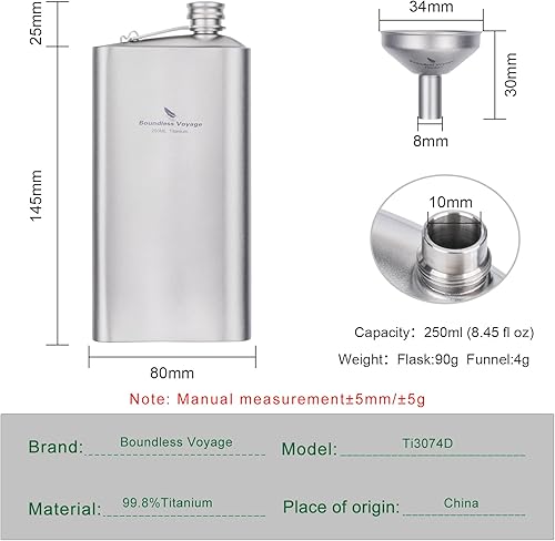 Boundless Voyage D-Ti3074D Flasque en titane pour homme ultralégère et étanche avec bouchon à vis et entonnoir verseur, 250 ml - Nail Gallerys